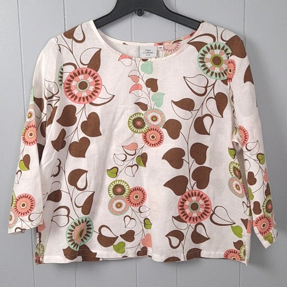 Hot Cotton Linen Blend Floral Top Size M